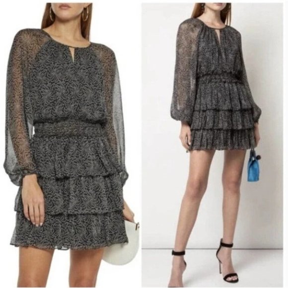 cinq a sept Dresses & Skirts - cinq a sept Black Mini Dress Sz 6 Tiered Print Silk Long Sleeve Smocked Babydoll